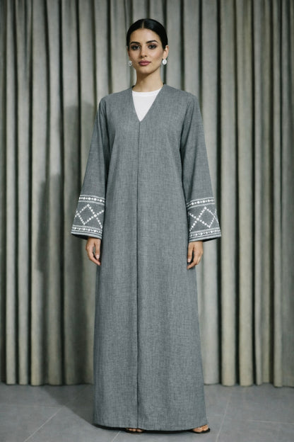 Abaya Dubai Luxe Grise brodée – Abaya gris mode modeste