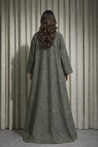 Abaya Dubai Luxe Verte Relief Doré – vue détail