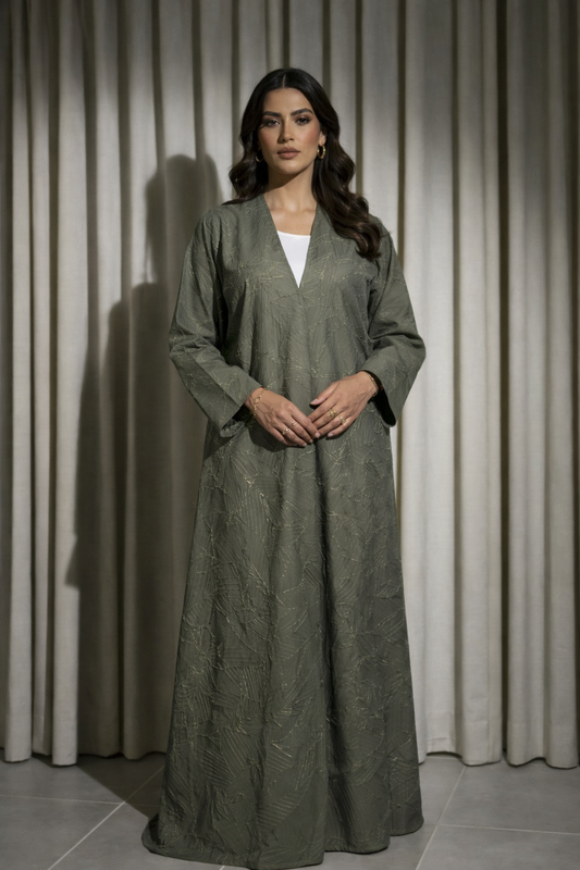 Abaya Dubai Luxe Verte Relief Doré